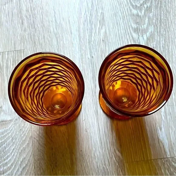 Vintage Fostoria 2 Piece 3-D cube pattern amber Gold iced tea glasses Goblet USA - Picture 5 of 5